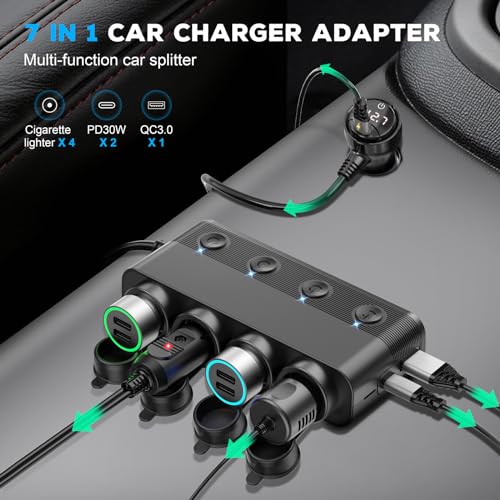 Cigarette Lighter Splitter Car Charger, 300W 4 Socket Car Plug in Outlet 12V Adapter with Dual PD 36W and QC3.0 USB C Multi Port & Independent Switch & Dust Cover & Voltmeter for All Car Devices