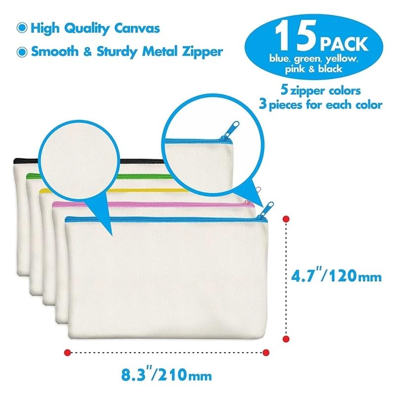 Astuccio Di Cotone Con Cerniera Confezione da 15 sacchetti in tela di cotone bianca con cerniera fai da te, astucci for matite, for cosmetici, cosmetici, articoli da toeletta, articoli di cancelleria