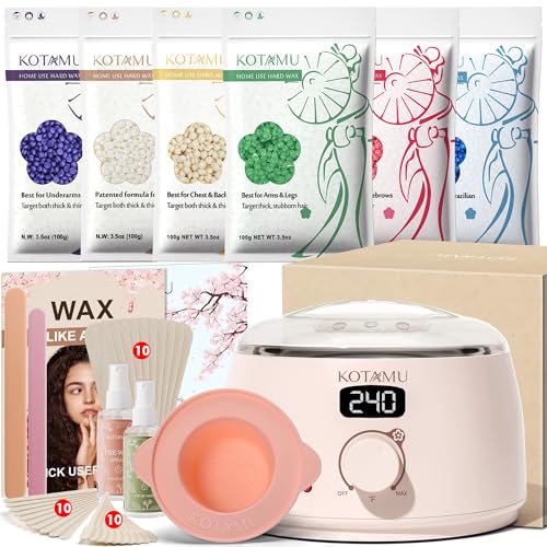 KOTAMU Scaldacera, kit per depilazione per donne e uomini, macchina per la depilazione digitale per viso, sopracciglia, bikini, gambe, corpo e pelle sensibile, kit di cera rosa con 44 accessori per