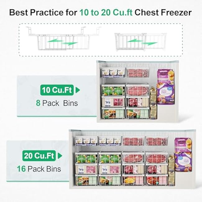 iSPECLE Chest Freezer Organizer - 2 Pack Hanging Freezer Organizer Bins with Expandable Handle for 10 to 20 Cu.Ft, Sort and Easy Slide to Get Bottom Frozen Food, Sturdy Baskets, White