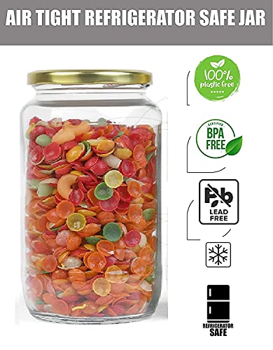 Image of PRAMUKH FASHION Square Shape Glass Jar for Kitchen Masala Storage Ml Set with Airtight Lid Containers Spices Dry Fruits and Pickle Container Pack of (6, Gold 1000Ml Round Jar)