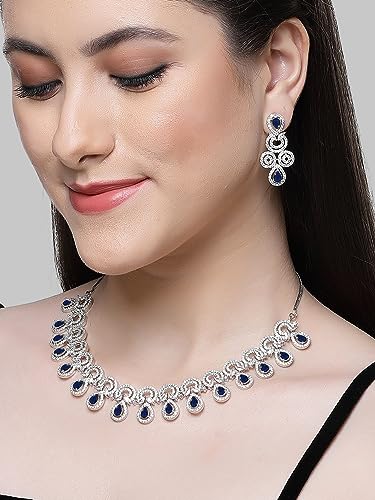 Image of Karatcart Silver Tone Green American Diamond Studded Necklace Set for Women