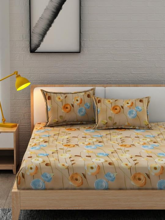 Image of Double Bed Fitted Bedsheet with 2 Pillow Covers | 7D Printed Bedsheet | Soft Cotton Feel, Wrinkle Free & Fade Resistant | Elastic Fit (Beige 7D, Fitted - Double72x72)