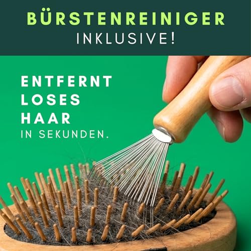Hundebürste Unterwolle für Langhaar - 100% Naturborsten - Made in Germany - sanfte Unterfellbürste zum Entfilzen & Glätten ohne Ziepen - geölter FSC® Holzgriff + extra Bürstenreiniger