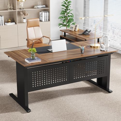 Image of Tribesigns 63 Inch Executive Desk with File Cabinet, Large Office Desk L Shaped Computer Desk with Drawers and Storage Shelves, Business Furniture Desk Workstation for Home Office, Brown and Black