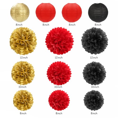 Image of Red-Black Gold Casino Theme Party-Decorations - 20pcs Game Night Paper Lanterns Fans,Tissue Pom Poms,Honeycomb Balls,Bunting,Birthday Graduation Wedding Bridal Baby Shower Decor Burgleda