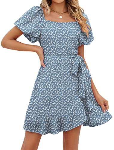 Image of Sampeel Womens Summer Dresses Square Neck Puff Sleeve Tie Waist Short Dress
