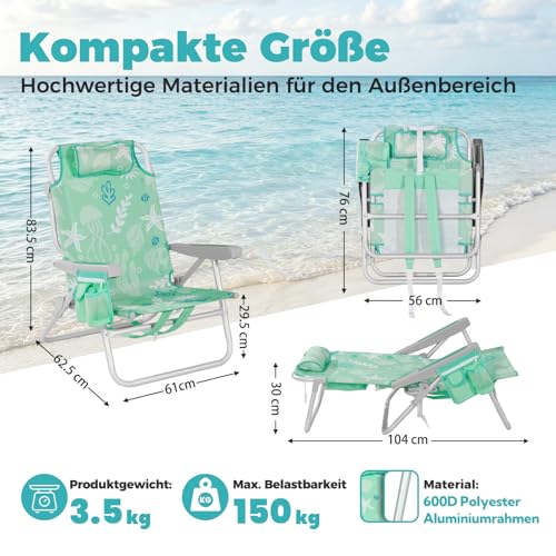 Strandstuhl Klappbar Leicht mit 5-fach verstellbarer Rückenlehne bis 150 kg – Ansicht 2