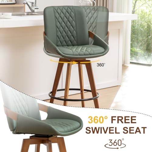 Image of Bar Height Bar Stools Set of 3, Mid Century Modern Retro Swivel Bar Chairs, Furniture with Curved Back, Faux Leather Upholstered and Walnut Wood Frame for Bar /Pub /Island (Green, 29.5 inch-3 PCS)