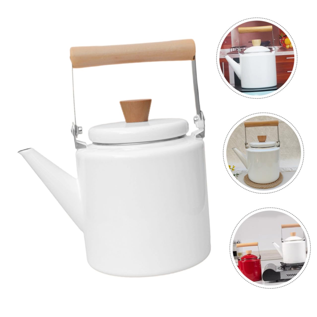 Tetera Esmaltada de 2,4 L Mango de Madera, Color Blanco