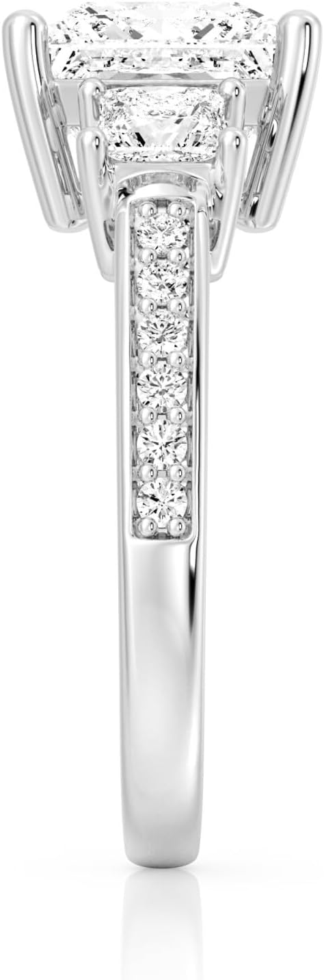 MSBLUE® Three Princess Cut Moissanite Engagement Ring with Pave, 14K Gold Vermeil, Rhodium Finish - Image 6