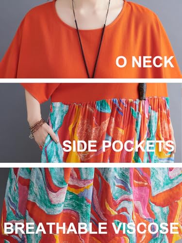 Image of Women's Oversized Dress Plus Size Summer Dress Artsy Print Pathwork | Loose, Oversized Cut Baggy Dresses. O Neck with Pockets. Breathable Viscose Fabric for Summer. Colorful Print Patchwork