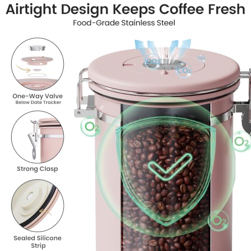 Image of Veken Coffee Canister with Window, Airtight Stainless Steel Container, 22OZ | Date Tracker,Kitchen Food Storage Organizers for Beans, Ground, Espresso, Rice,Tea, Sugar,Cereal, Gifts,Lids,Jars,Scoop, Pink