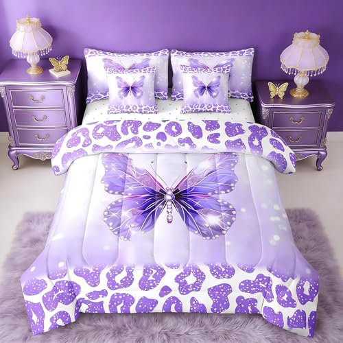 Image of Feelyou Cute Butterfly Full Comforter Set with Sheets for Kids Boys Girls Leopard Print 7 Pieces Bedding Set Butterflies Print Bed in a Bag Glitter Dreamy Princess Soft