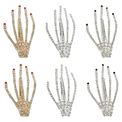 Honbay 6Pcs Alloy Rhinestone Skeleton Hand Hair Clip Halloween Skull Hand Hairpin Zombie Punk Rock Horror Bone Hair Barrette Claws Slide Kids Cosplay Party Favors #TOP28