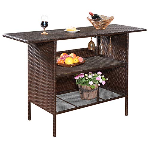 COSTWAY Table de Bar de Jardin en Résine Tressée avec 2 Etagères de Rangement, 2 de Rails pour Porte-Verres, pour Cour, Piscine, Jardin, Patio, Terrasse, 140 x 47 x 92 CM (L x l x H) Marron