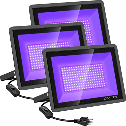 3 Pack 100W LED Black Lights, Blacklight Flood Light with Plug and Switch, 120V IP66 Waterproof Blacklight for Halloween Party, Glow in The Dark, Stage Light, Body Paint, Neon Glow