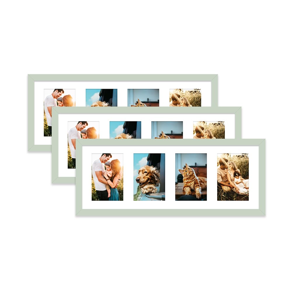 Mint Green Multi Photo Frame - Holds 4 x 6x4 Pictures, Family Collage Picture Frame for Wall Display, 8x22 Panoramic Frame Size, Set of 3