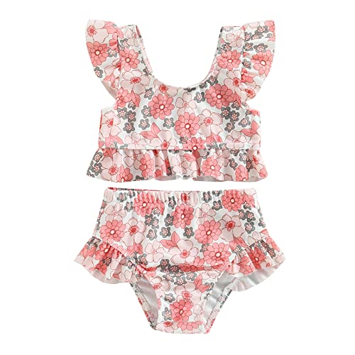 BULINGNA 2 Piece Toddler Baby Girls Swimsuit Ruffles Sleeveless Floral Bikini Set Summer Beach Bathing Suit Infant Swimwear (Pink Flower, 2-3 Years)