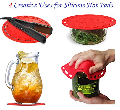 Silicone Hot Pads (Set Of 4) - 6 In 1 Multi-Purpose Kitchen Tool, Pot Holder, Splatter Guard, Microwave Cover, Jar Opener, Decorative Trivet, Red, 8 Inches. Includes 121 Cooking Secrets Ebook #TOP4