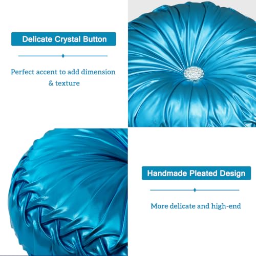 Image of HIG Set of 2 Blue Metallic Leather Decorative Round Pleated Throw Pillows