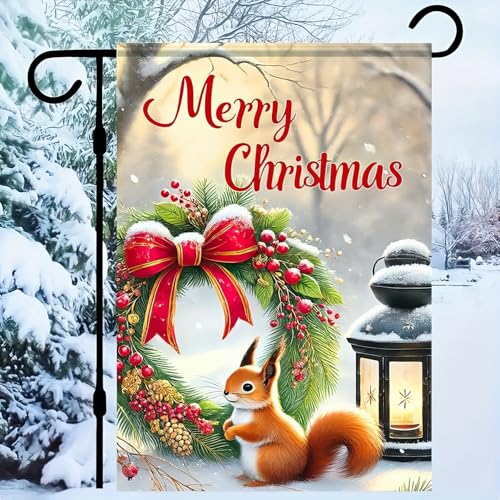 Image of BlissYard Christmas Squirrel Garden Flag 12x18 Inch Winter Forest Scene with Festive Greenery Ring Red Bow Snowy Landscape Holiday Outdoor Yard Banner for Home Lawn Patio Seasonal Welcome Decor
