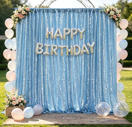 Image of Baby Blue Sequin Backdrop Curtain Background Party Decoration 10FTx10FT