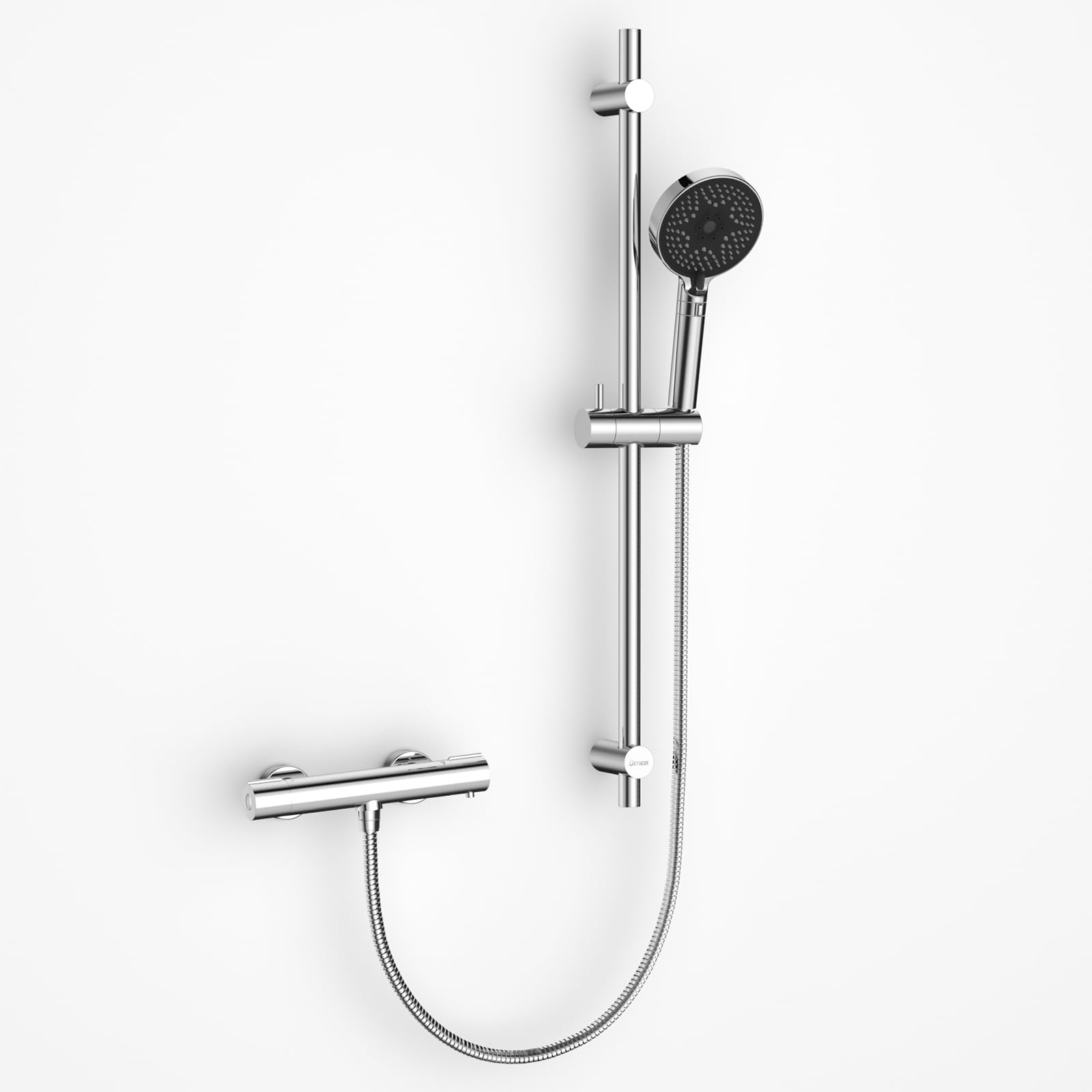 Mitigeur Thermostatique DETBOM pour Douche avec Sécurité Anti-brûlure 38 °C, Barre inox 70 cm, Pomme 3 Jets, Flexible 1,5 m et Support Réglable – Ensemble Complet Chrome