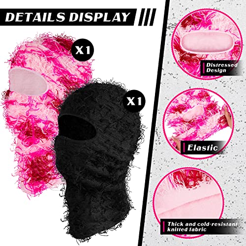 2 Pack Distressed Balaclava Ski Mask Full Face Knitted Balaclava Windproof Cool Ski Mask For Cold Weather (Black, Rose Red) #TOP2