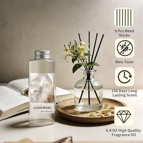 Image of STRN Reed Diffuser Oil Refill, Clean Musk Scented Diffuser Oil Refills with 6 Reed Sticks 200ML(6.8fl.oz), Room Fresheners for Home, Long-Lasting Summer Fragrance for Living Room, Bedroom, Office