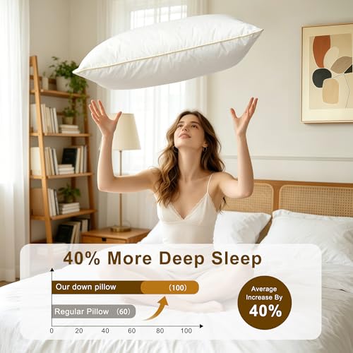 Image of Goose Feather Down Pillows, 600T Cotton Cover, Supportive, Queen Size 1pc | Pillows for Side and Back Sleepers, Best Pillow for Neck Pain, Hotel Collection Bed Pillows, Soft but Supportive Down Pillows