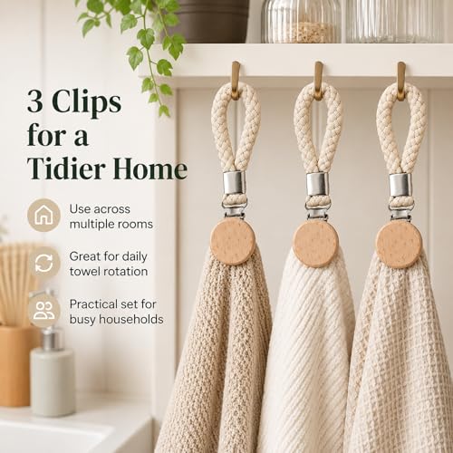 Zyssby Set of 3 Hanging Tea Towel Clips, Cotton Rope Kitchen Towel Holders with Wooden Clips for Multi-Purpose Dishcloth & Hand Towel Storage - Image 6