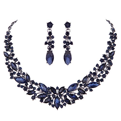 Youfir Austrian Crystal Rhinestone Bridal Wedding Necklace and Earrings Jewelry Sets for Women (Navy Blue)
