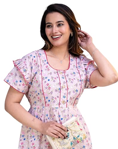 Image of Pure Cotton Designer Nighty for Women | Night Gown | Nightdress | Maxi Nighty | Sleepwear | Jaipuri Nighty | Nighties | Cotton Night Gown for Women /Girls with Belt Pink