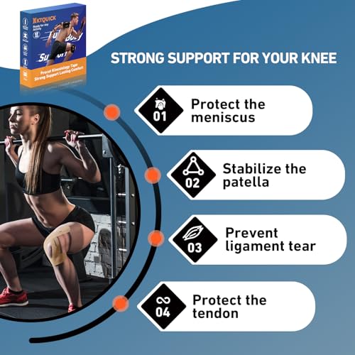 Image of PreCut Kinesiology Tape for Knees, KTQUICK 12 PCS 20% Extra Adhesive Knee Tape for Knee Pain Relief Pre Cut, Anatomical for Maximum Hold, Waterproof&Hypoallergenic Cotton Latex-Free for Sports(Beige)