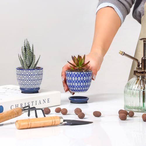 Selamica Ceramic 2.4 Inch Succulent Pots, Mini Succulent Planter Pot for Cactus Plant with Drainage Holes & Saucers, Home Decor, Set of 6, Vintage Blue by Selamica - Used condition - Image 2