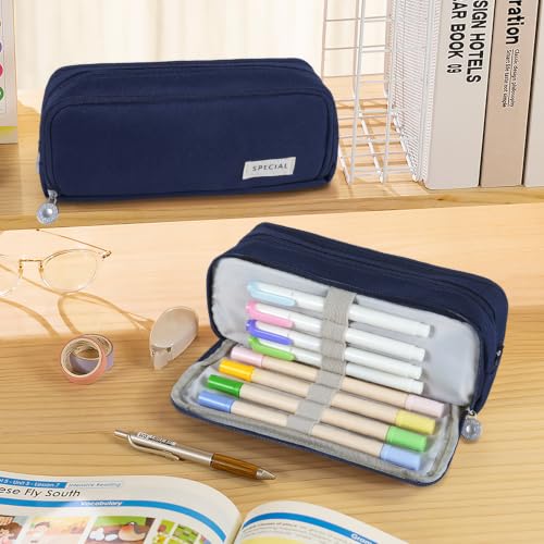 Image of MAMUNU Large Capacity Pencil Case, 3 Compartments Canvas Pencil Pouch with Zipper, Aesthetic Pencil Bag Pen Pouch for School Office Students Teen Girls Boys, Dark Blue