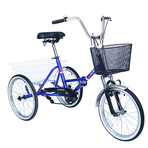 ZUKKA Adult Folding Tricycle Trikes,Foldable 20 inch 3 Wheel Bikes,Single Speed Portable Cruiser Bicycles with Shopping Basket for Seniors,Women, Men-Blue
