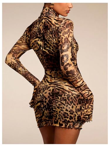 Image of GORGLITTER Women's Mesh Y2K Rave Vegas Going Out Dress Outfits Long Sleeve Club Turtleneck Neck Newspaper Mini Dresses