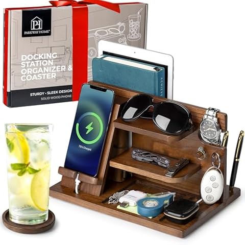 Parkway Home Wood Phone Docking Station - Wood Charging Station Organizer Stand, Bedside Nightstand Organizer for Men and Women, Holds Phone, Tablet, Keys, Glasses, EDC and More Cover