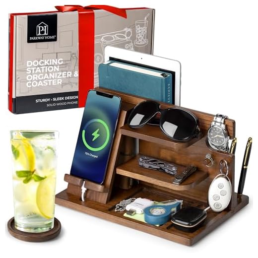 Wooden Docking Station with Laptop Compartment & Coaster! Ash Wood Tray, Bedside Caddy Nightstand Organizer, Entryway Organizer Key Tray, Desk Organizer. Valet Tray for Men & Women, Husband Gift Idea