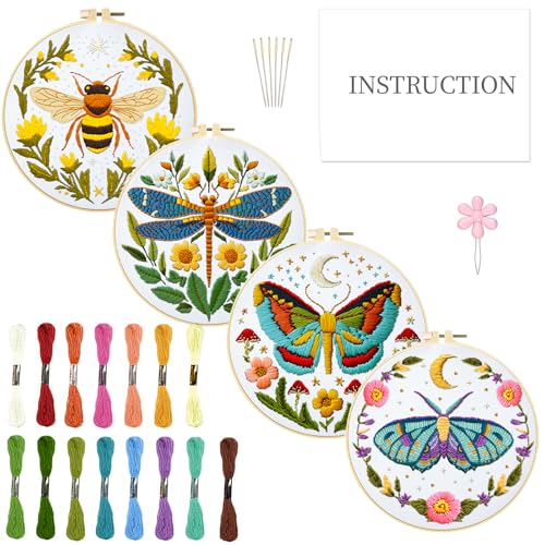 Image of INFUNLY 4 Sets DIY Insect Pattern Embroidery Kits for Starter 11.8 inchx11.8 inch Flowers Plants Embroidery Hoop kit Handmade Bees Embroidery Kits Moth Needlepoint Kit with Instruction for Adults Beginners