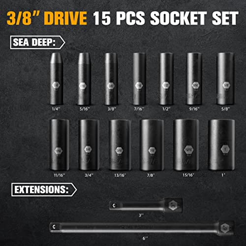 Pgroup 3/8” Drive Deep Impact Socket Set, 15-Piece 6 Point Standard Sae Sizes(1/4-Inch To 1"),Includes 3", 6"Impact Extension Bars,Cr-V Steel Socket Set With Heavy Duty Storage Case #TOP1