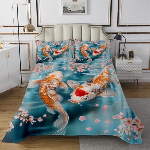 Castle Fairy Koi Fish Bedspread Queen Size Japanese Cherry Blossom Tree Coverlet Set Kids Bedroom Present Vintage Ukiyoe Decor Bedding Set Marine Sealife Bedding with 2 Pillowcases