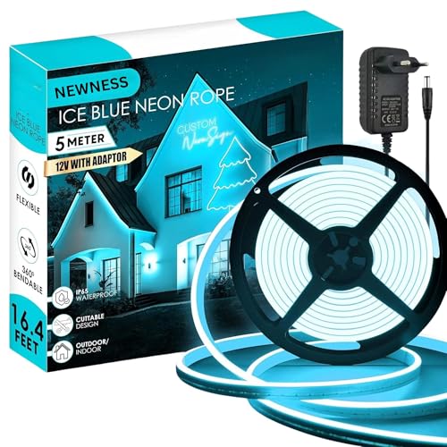 Image of NEWNESS 13.2 Feet Ice Blue Neon LED Strip Light | IP65 Waterproof Flexible Silicone Rope Light with 12V Adapter for Indoor and Outdoor Home Decor