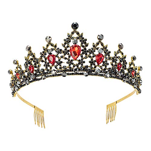 Vintage Retro Gold Black Crystal Queen Tiaras Crowns for Women Girls Party Halloween Costume Prom Pageant Mother's Day Gift (Red)