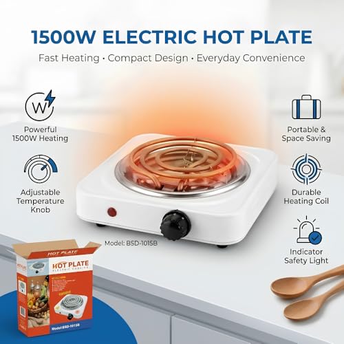 Image of Wellberg 1500W Electric Hot Plate Single Burner Portable Cooking Stove with Adjustable Temperature Control | Fast Heating Coil | Compact Electric Cooktop for Home, Office, Hostel & Travel