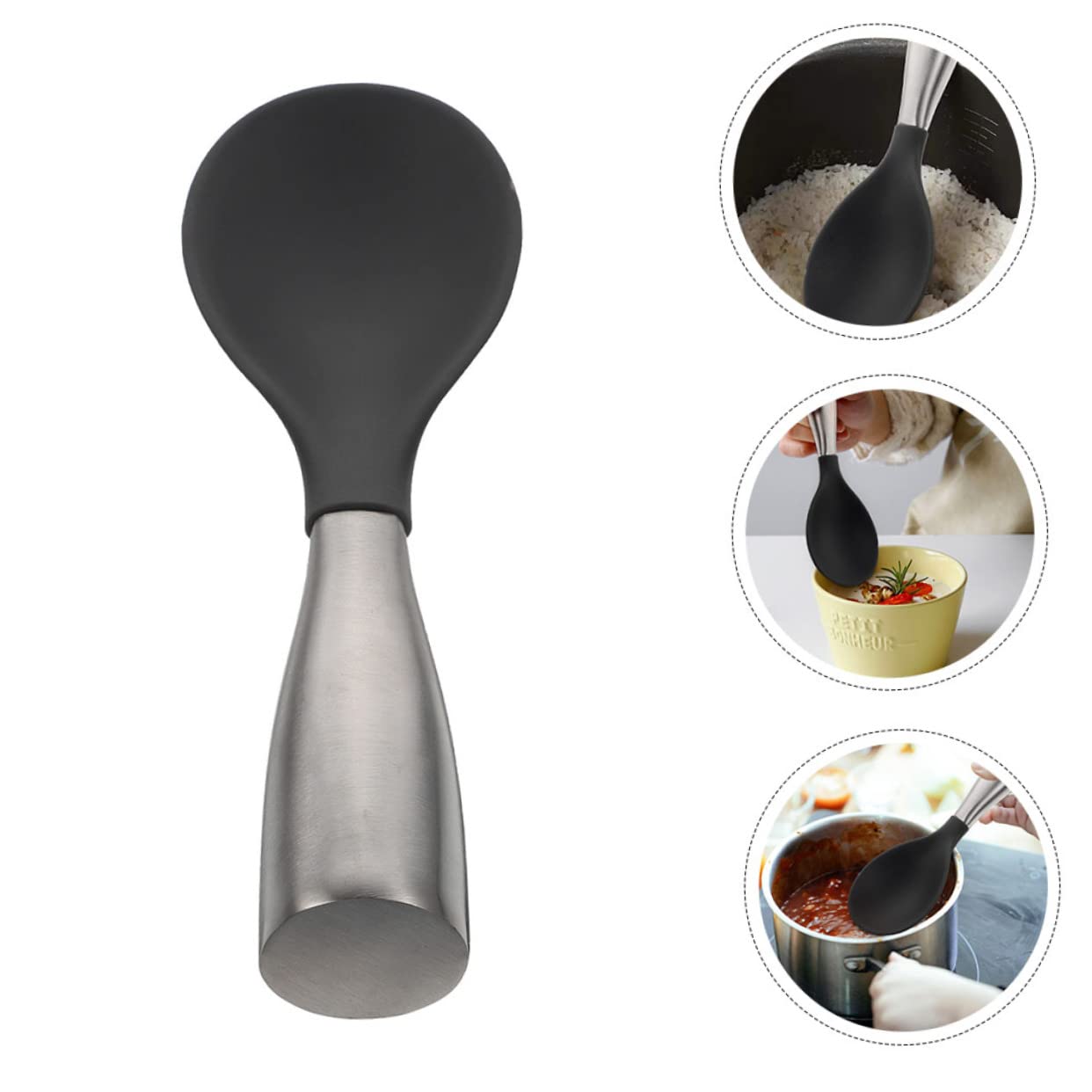 COLLBATH 2Pcs Grey Silicone Rice Spoons with Stainless Steel Handle Ergonomic Kitchen Utensils for Cooking and Serving Rice for Home Restaurant Hotel Use