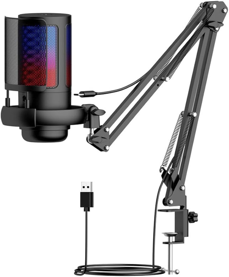 Gaming USB PC Microphone with Boom Arm and RGB Light Podcast Condenser Mic,Computer Microphone for Streaming,Recording Mic on PS4/5, with RGB Control, Mute Touch, 3.5mm Headphone Jack (Black)