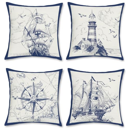 Bonhause Nautical Sailing Throw Pillow Covers 18 x 18 Inch Set of 4 Sailboat Compass Lighthouse Decorative Pillows Case Polyester Linen Cushion Covers for Couch Sofa Bed Home Decor
